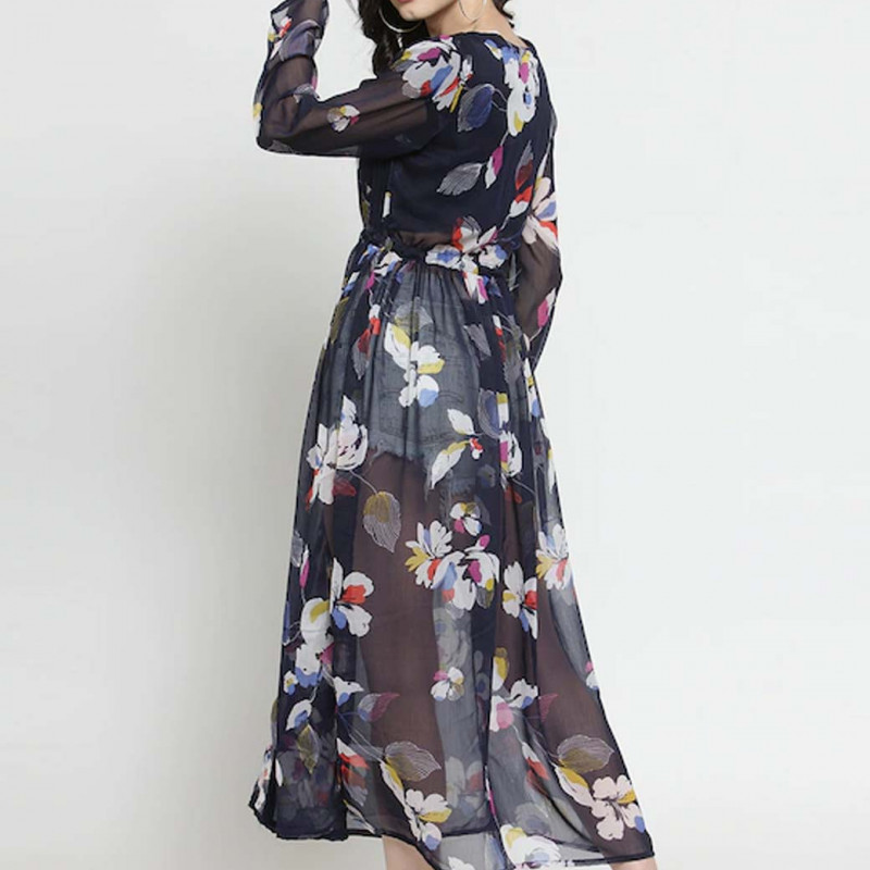 Navy Blue & White Printed Tie-Up Shrug